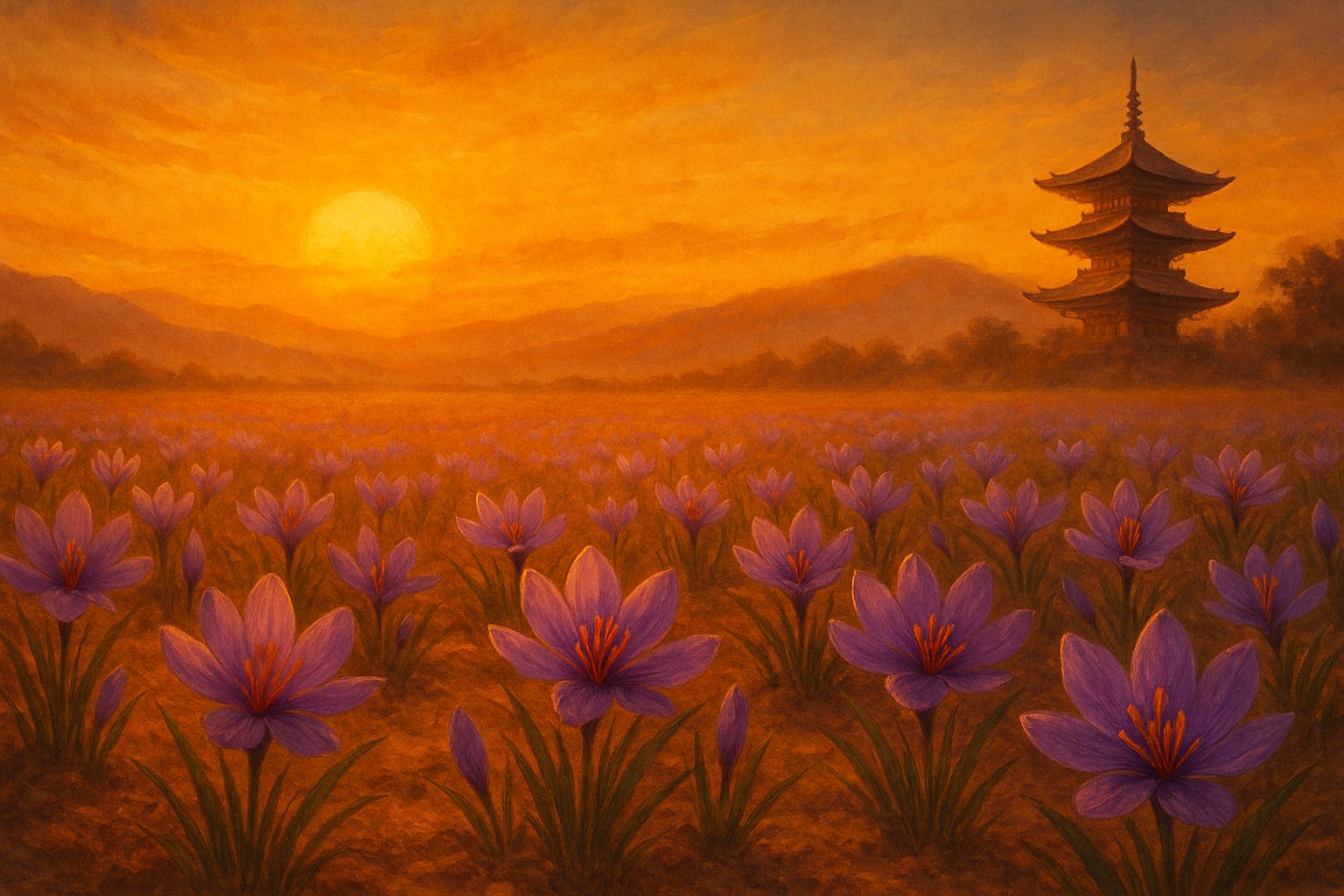 Champ de safran au coucher du soleil